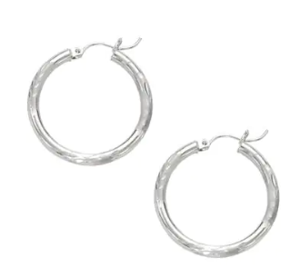 14K WHITE GOLD 3MM DIAMOND CUT & POLISHED DESIGN HOOP EARRING