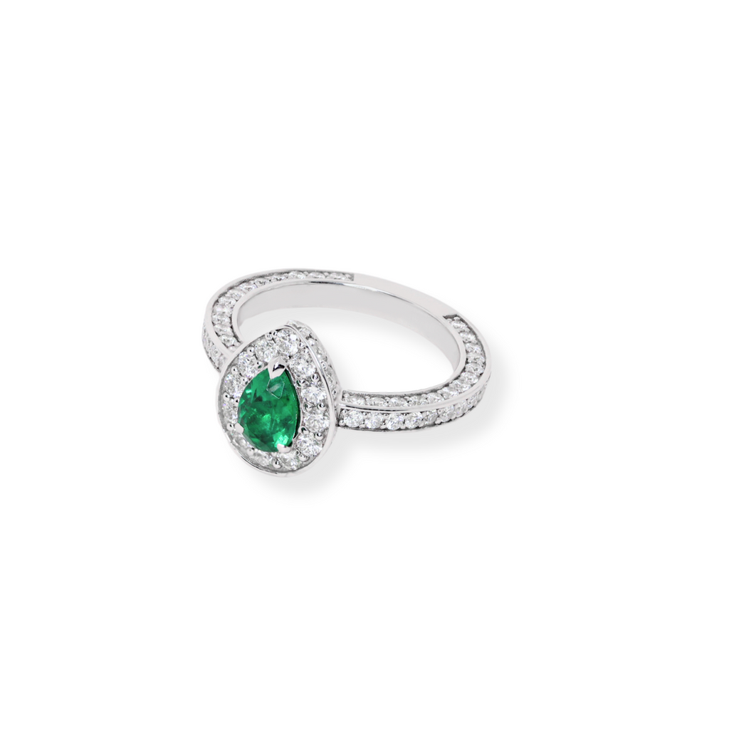 18K White Gold with Genuine Colombian Emerald and Natural Round Diamonds
