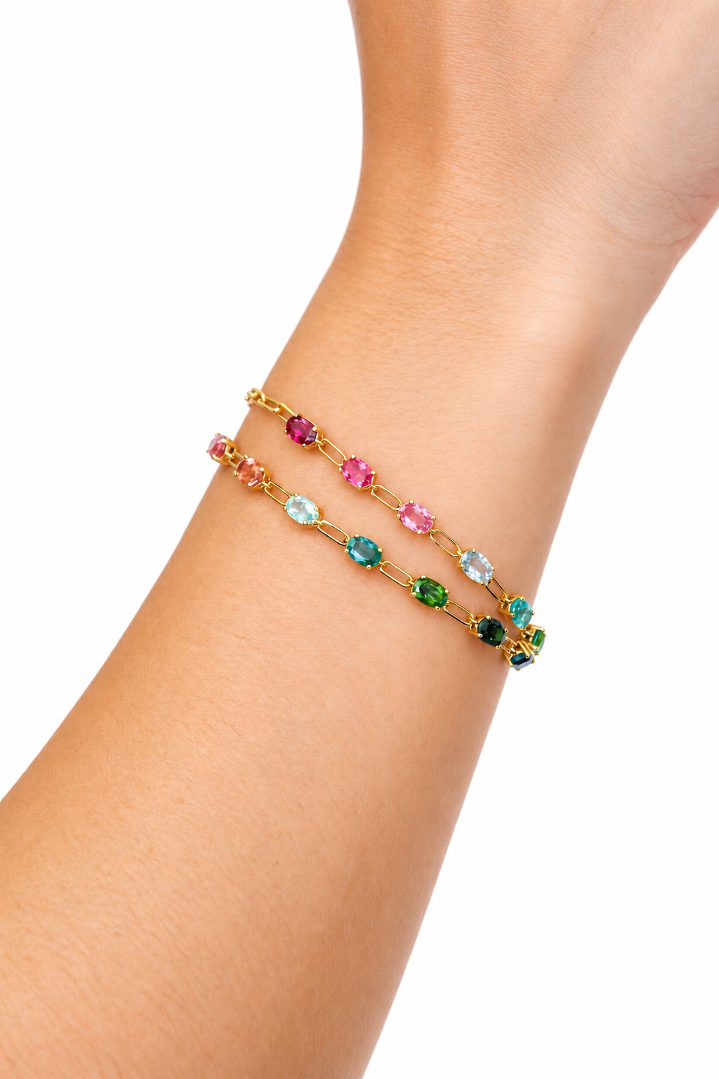 Multicolored Natural Tourmaline Paperclip Bracelet in 18K Yellow Gold