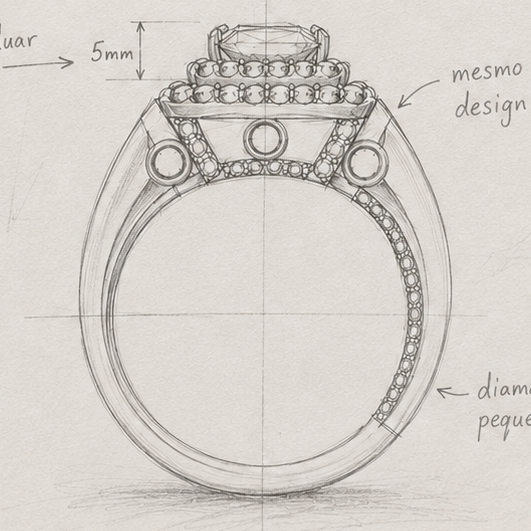 A hand-drawn technical sketch of a ring with multiple views, dimensions, and annotations in Portuguese, rendered in pencil on a light beige background.
