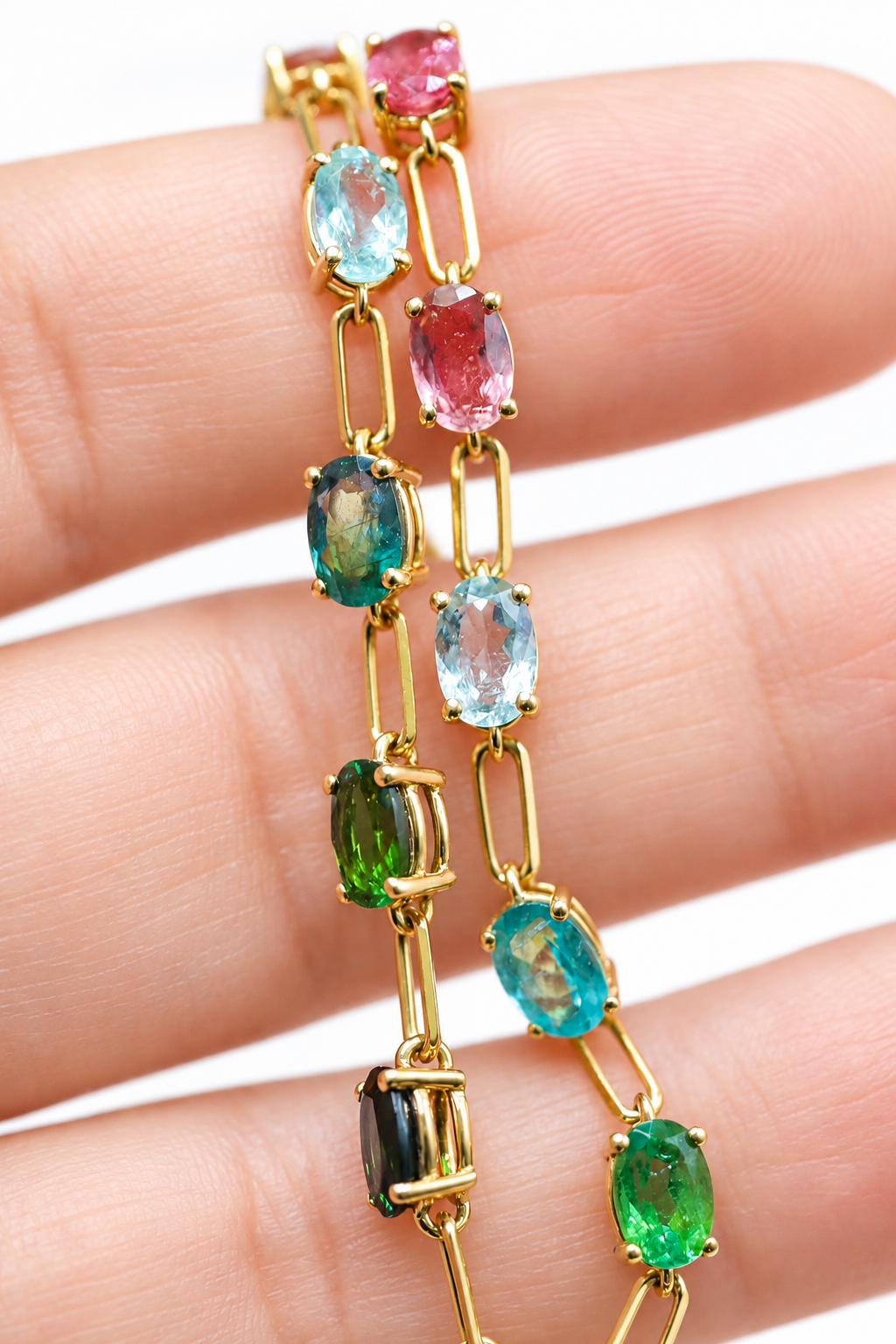 Multicolored Natural Tourmaline Paperclip Bracelet in 18K Yellow Gold